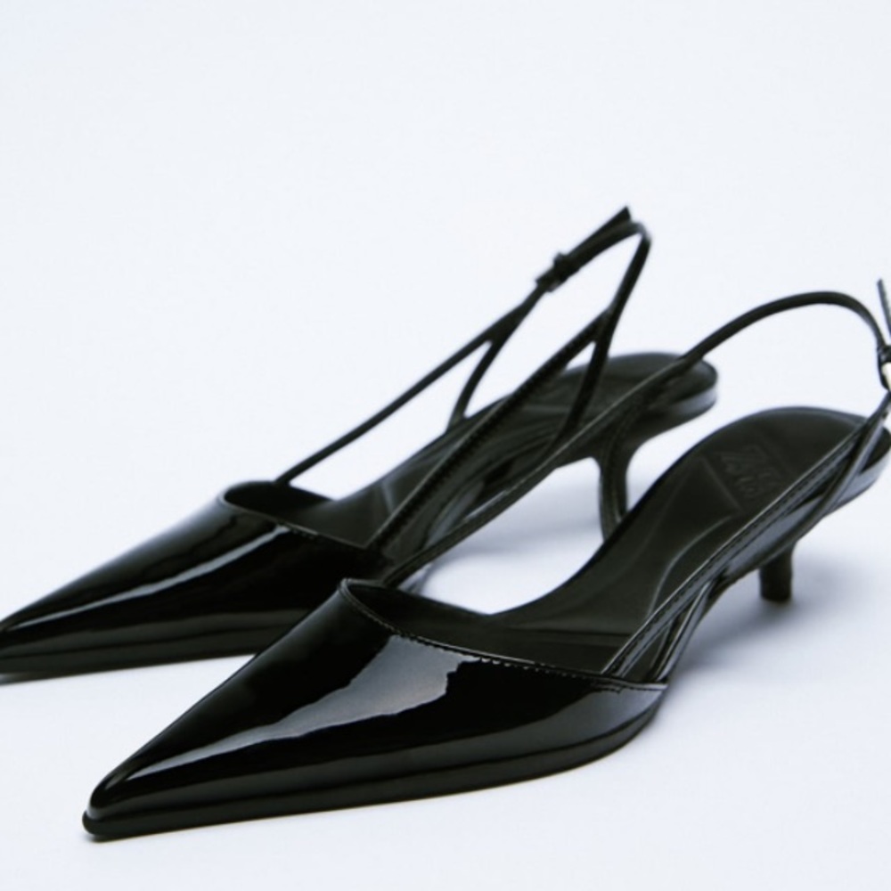 Zara New Black Minimalist Kitten Heels Pointed Toe Shoes, size 7.5